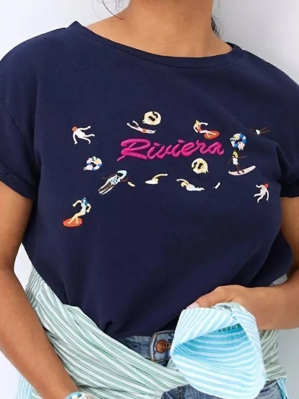 Anthropologie Maeve Beach Embroidered Riviera Short Sleeve Sweatshirt Tee